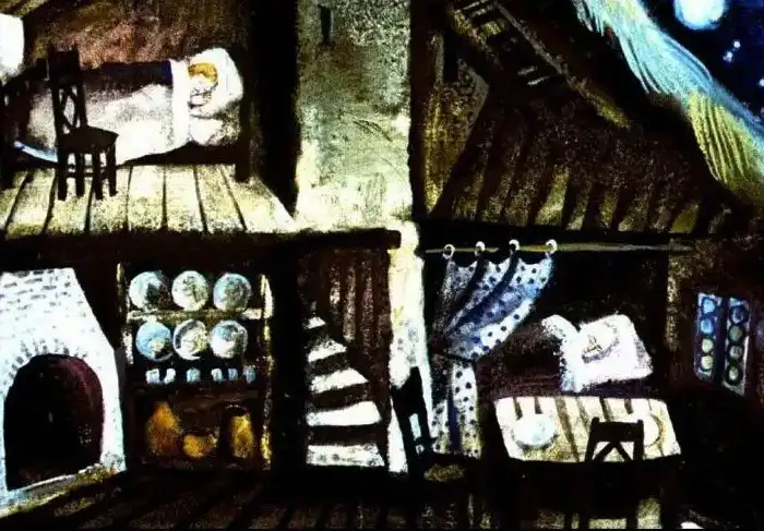 Ilustrație a unei camere de noapte cu două paturi și decor rustic, în care Jack și mama sa se pregătesc de culcare.