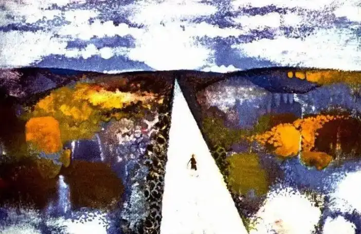 Imagine abstractă cu un peisaj natural, în care un drum alb se întinde pe un fundal plin de culori, reprezentând o narativă despre călătorie și descoperire.