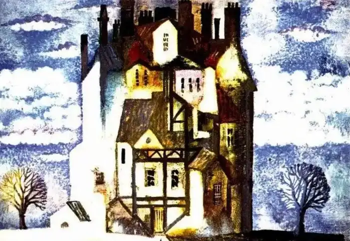 Ilustrație colorată a unei case mari, cu detalii artistice, și un peisaj de fundal, acompaniată de un text descriptiv despre Jack și curiozitatea sa.