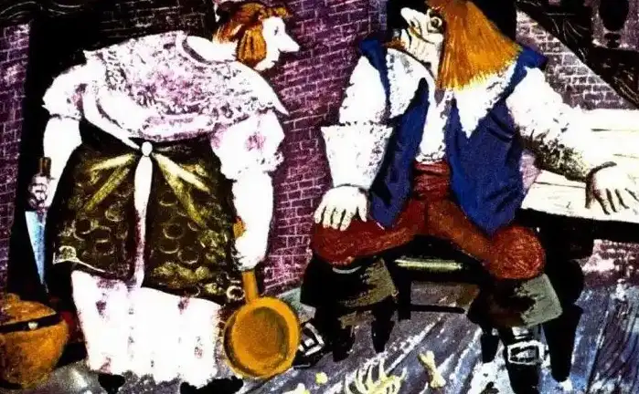 Ilustrație care arată o scenă dintr-o poveste, cu un bărbat și o femeie în interiorul unei încăperi, cu un fundal artistic.