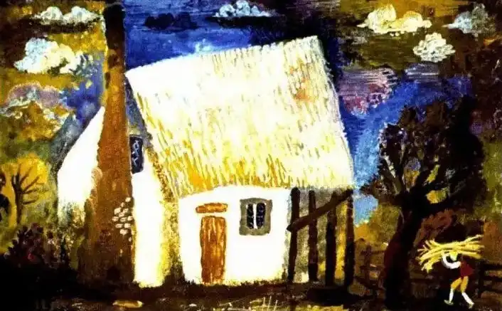 Ilustrație cu o casă și o femeie care transportă fân, cu textul despre un băiat pe nume Jack care ajuta o văduvă sărmană.