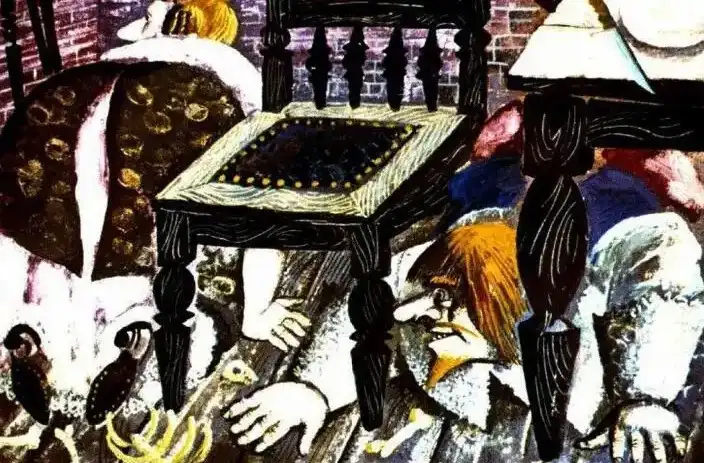 Imagine artistică cu oameni care caută ceva în încăpere, cu text descriptiv la baza imaginii.