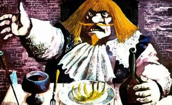 Ilustrație a unui personaj cu părul lung și o expresie dramatică, discutând despre o situație într-un cadru de festivitate.