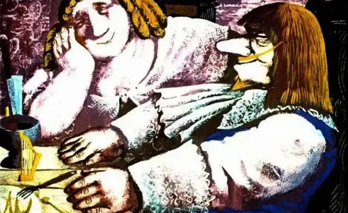 Ilustrație cu doi personaje care ascultă o harpa fermecată din camera alăturată, descrierea momentului fiind captivantă.