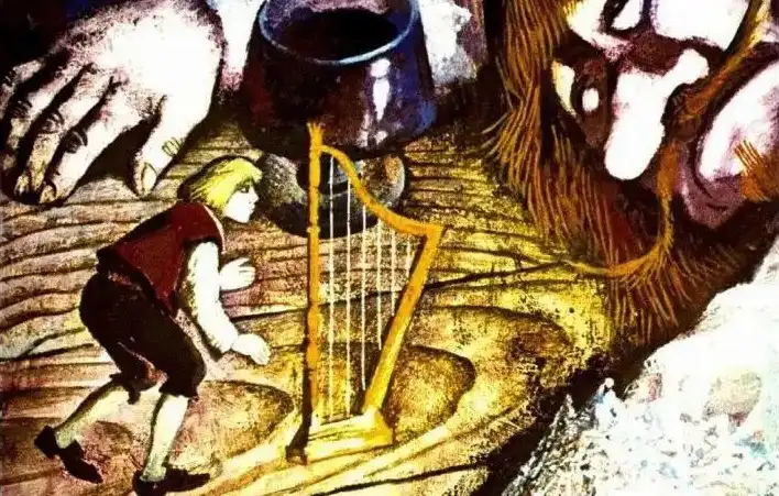 Imagine cu un băiat care se apropie de o harpa fermecată într-o atmosferă de poveste.