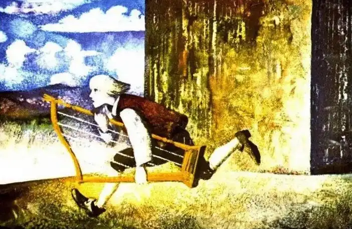 Ilustrație cu un personaj alergând cu o harpă, text descriptiv despre evenimentul în care Jack fură harpa.