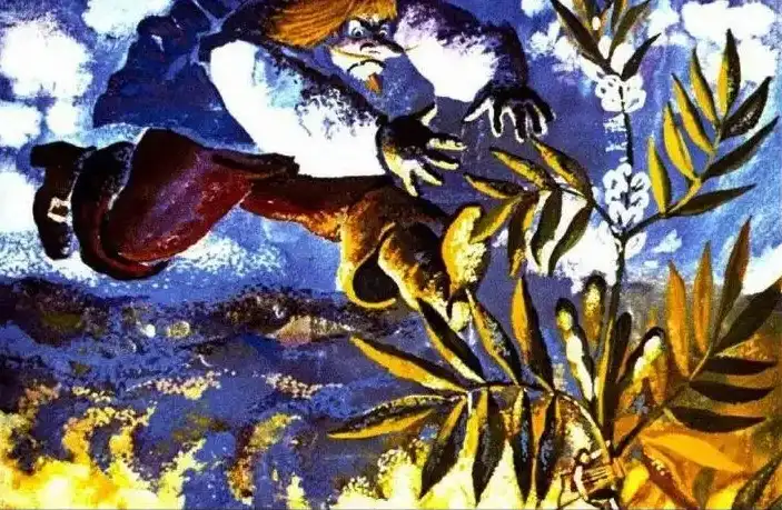 Imagine colorată cu un personaj care coboară de la un vreu de fasole, cu fundal vegetației.