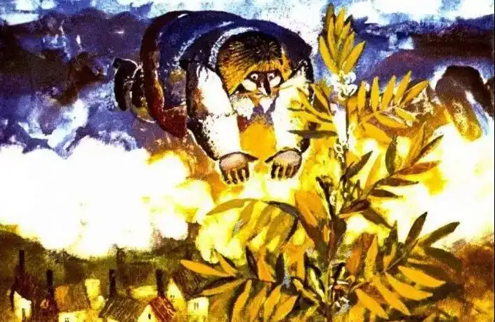 Ilustrație care prezintă o scenă dintr-o poveste, cu un gigant sărind spre o plantă, în fundal fiind case și un cer întunecat.