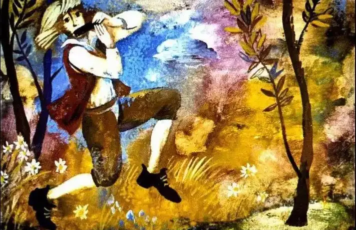 Imagine cu un personaj care cântă la muzicuță într-un peisaj colorat, ilustrare a unei povești despre bucuria muzicii.