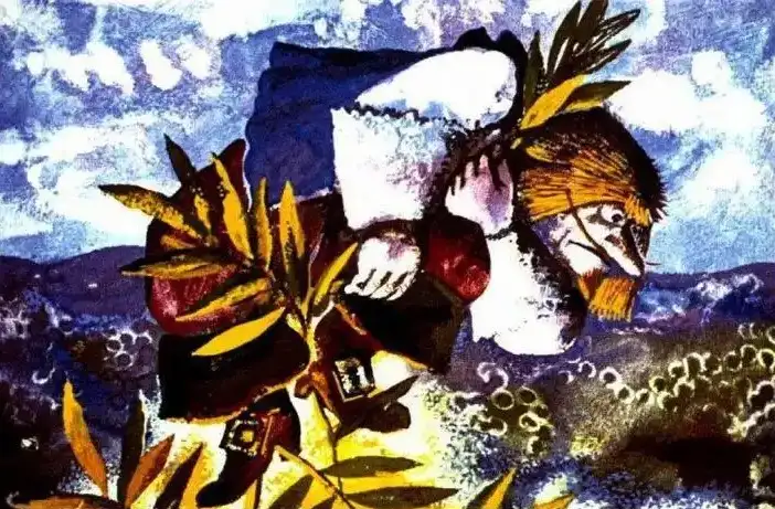 Ilustrație dintr-o poveste, unde un capcaun urmează un personaj numit Jack pe un vreu de fasole.