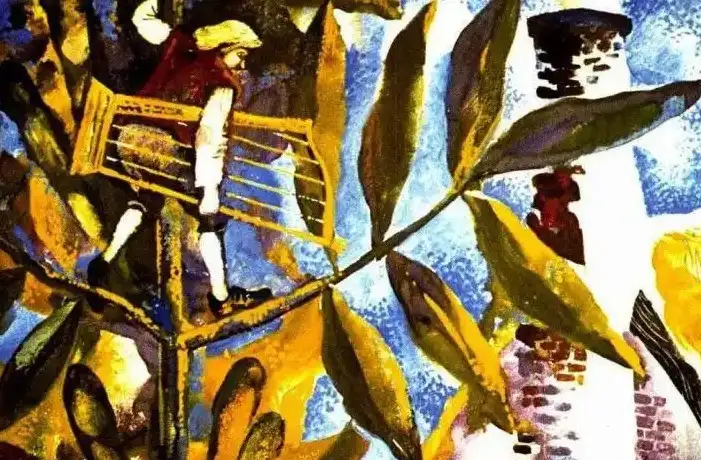 Ilustrație colorată cu un personaj care coboară pe o ramură, însoțită de text.