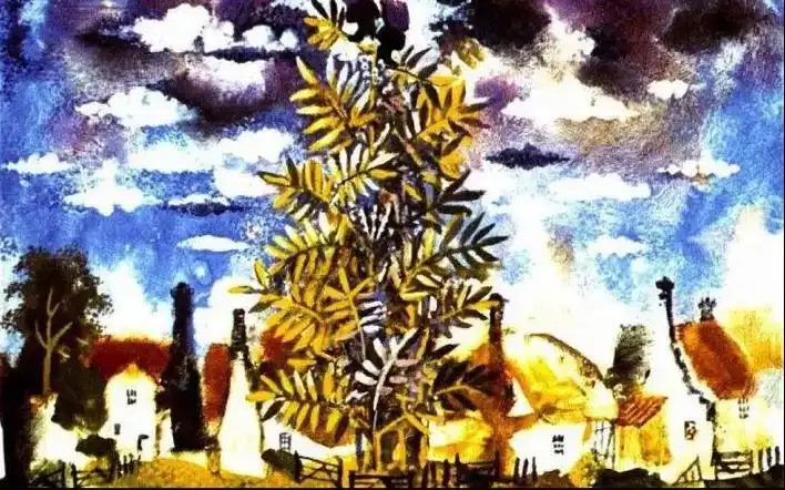 Imagine colorată cu un copac mare și case, textul descriind o scenă de groază unde un băiat observă un capcaun.