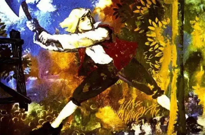 Imagine colorată ilustrând un bărbat blond care taie o tulpină de fasole cu o toporisca.