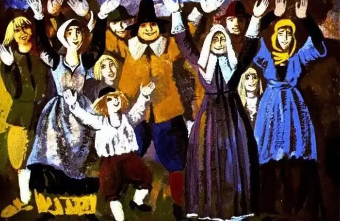 Ilustrație cu oameni veseli și bucuroși dintr-un sat, cu text descriptiv în partea de jos.