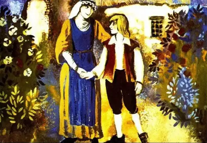 Ilustratie cu doi personaje, un baiat si o femeie, tinandu-se de mana in fata unei case, inconjurati de plante si flori, evocand o poveste fantastica.