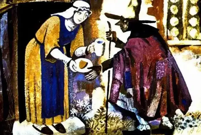 Ilustrație care prezintă o femeie oferind mâncare unui cerșetor.