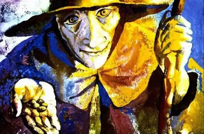 Ilustrație artistică a unui bărbat care oferă cinci boabe de fasole unei femei.