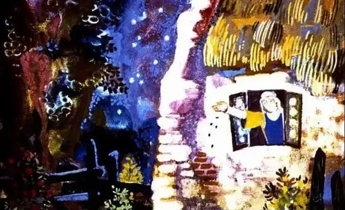 Ilustrație colorată cu o scenă de poveste, în care o femeie își exprimă uimirea la fereastră, înconjurată de vegetație sub un cer înstelat.