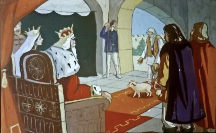 Ilustrație cu un împărat, împărăteasă și curteani, reacționând la o veste surprinzătoare.