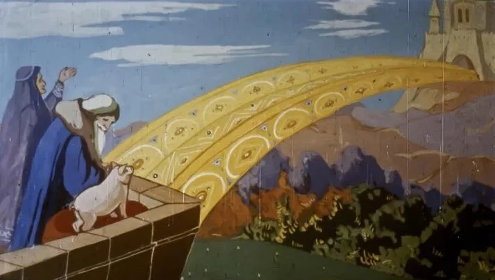 Imagine reprezentând o scenă fabuloasă cu un pod strălucitor care se extinde, cu personaje observând și un peisaj colorat în fundal.