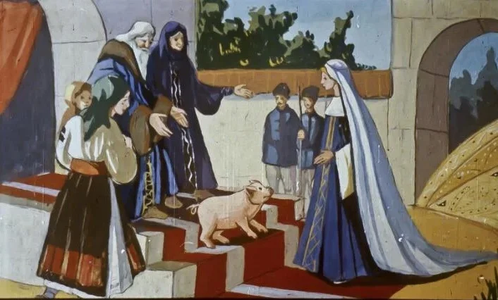 Ilustrație care prezintă o scenă cu un împărat și personaje tradiționale, cu un animal pe scări.