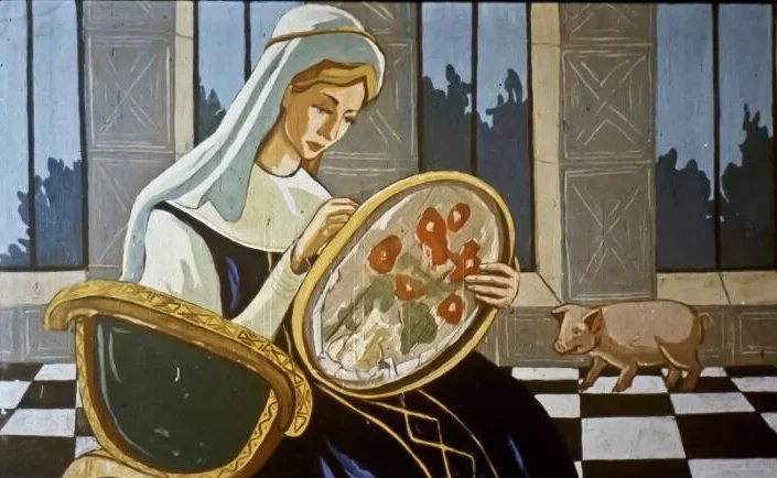 Ilustrație a unei fete care împletește, cu un purcel în fundal, reflectând o poveste despre obișnuință și viața cotidiană.