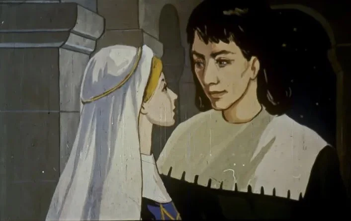 Imagine ilustrată cu un bărbat și o femeie care discută într-un cadru medieval, cu text descriptiv la baza imaginii.