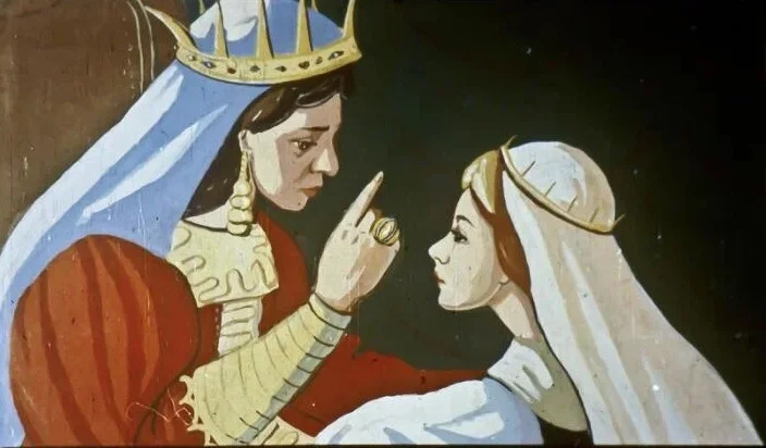 Scenă ilustrată cu o femeie purtând o coroană care vorbește cu o altă femeie, în contextul unei povești sau legende.