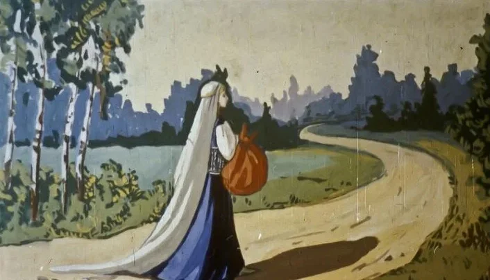 Ilustrație cu o femeie pe un drum, purtând o bocceluță, căutându-și soțul.