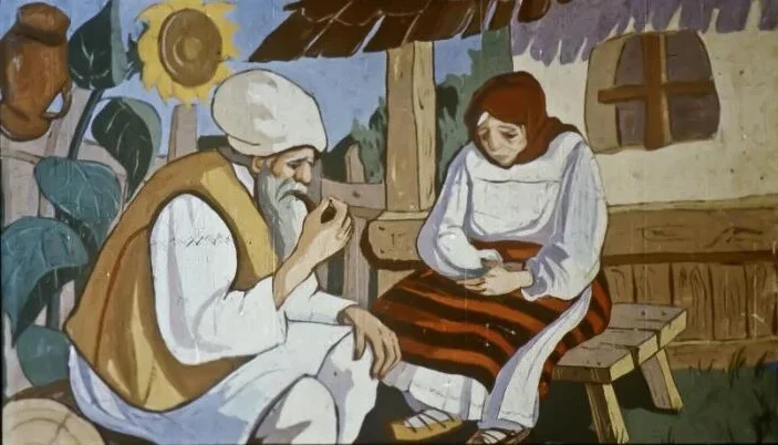 O ilustrație care prezintă un moș și o babă discutând, cu un peisaj de fundal rural.