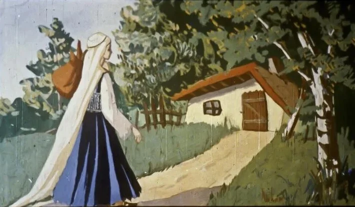 Ilustrație cu o femeie îmbrăcată în costum popular, purtând un coș, mers pe un drum spre o căsuță, înconjurată de natură.