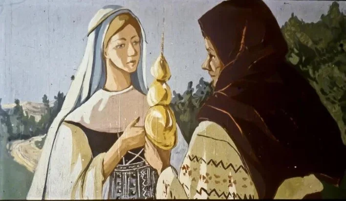 Ilustrație cu două personaje discutând, una dintre ele ținând un obiect în formă de con, în fundal o peisaj natural.