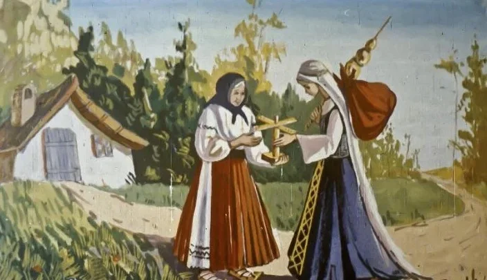 O scenă ilustrativă cu o împărăteasă care interacționează cu o bătrânică pe o cale de țară.