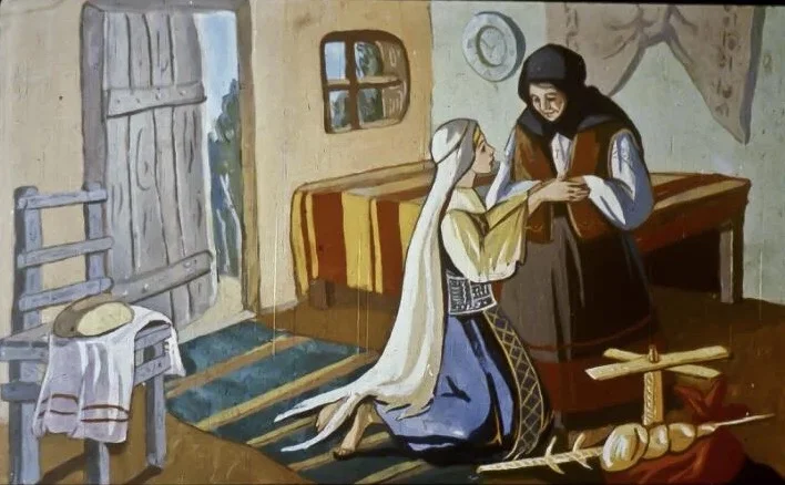 Ilustrație cu două femei într-o cameră rustică, discutând despre o drumeție și un palat fermecat.