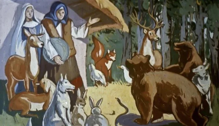 Ilustrație cu animale și oameni în natură, reprezentând o scenă de poveste.