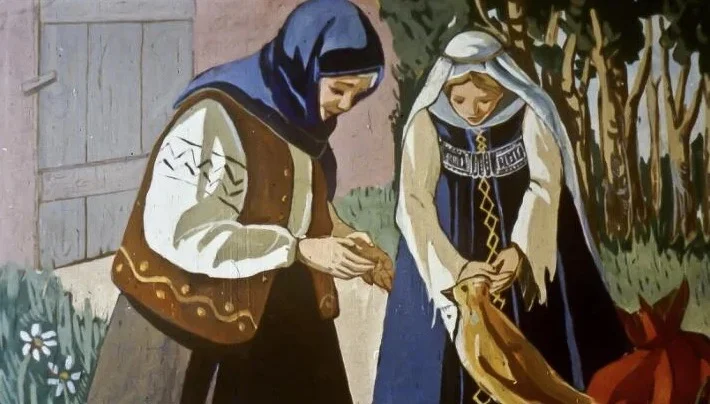 Ilustrație cu două personaje feminine, una îmbrăcată în haine tradiționale, care discută despre un ciocîrlan șchiop ce oferă să le conducă către un palat fermecat.