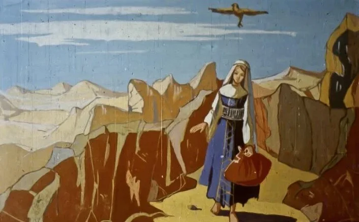 O imagine artistică care ilustrează o femeie pe un drum montan, înconjurată de peisaje naturale, cu un text descriptiv în partea de jos.