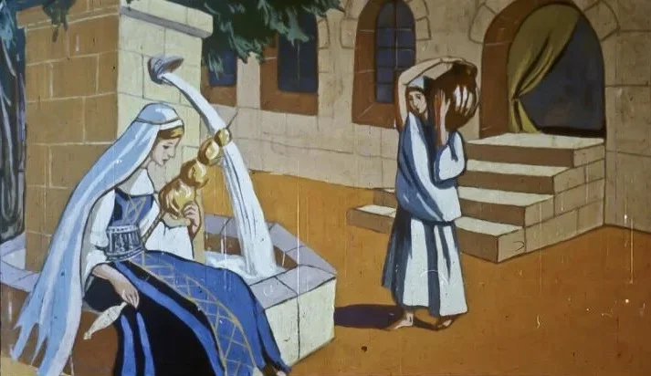 Imagine ilustrativă cu o împărăteasă lângă o fîntînă, reprezentând o scenă de toarcere cu simboluri de tradiție.