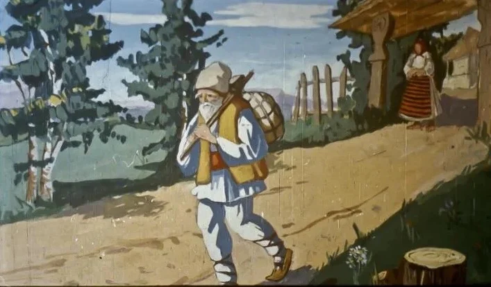 Ilustrație cu un moșneag pe drum, având un rucsac, în timp ce se îndreaptă spre târg într-un peisaj natural.