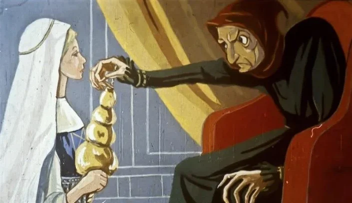 Ilustrație reprezentând o tânără care oferă un obiect unei femei în vârstă, în timp ce aceasta din urmă stă pe un scaun, amplasată într-un interior decorat.