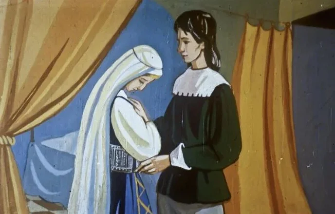 Ilustrație cu două personaje, una dintre ele ținând o mână întinsă, înconjurată de draperii și un fundal pictat.