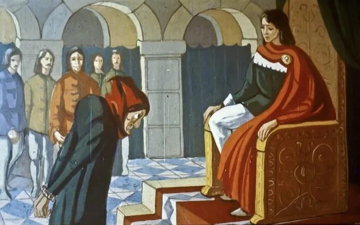 Imagine reprezentând o scenă dintr-o poveste, cu un împărat pe tron și o persoană îngenunchiată în fața lui, înconjurați de mai multe personaje.