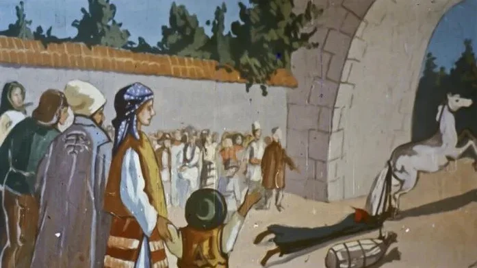 Imagine artistică ilustrând un moment dintr-o poveste, cu personaje și un cal.