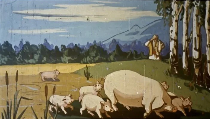 Ilustrație cu un moșneag care observă o scroafă cu purcei, în peisaj rural.