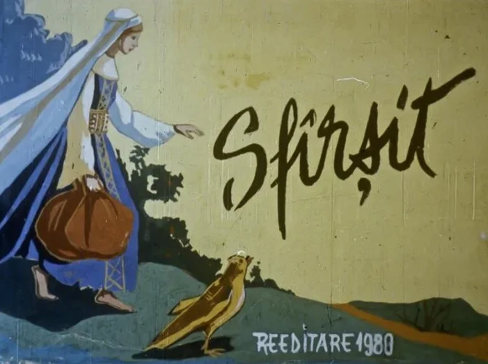 Imagine artistică cu o femeie care poartă o geantă, însoțită de un simbol aviar, având inscripția 'Sfârșit' și mențiunea 'REEDITARE 1980'.