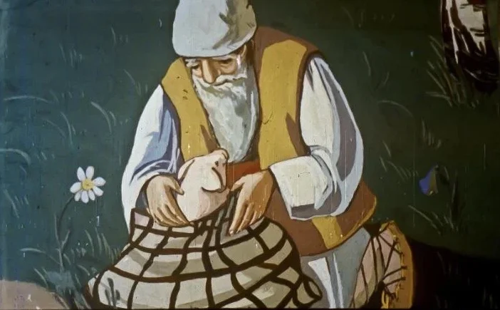 Imagine care ilustrează o scenă cu un bătrân care ține un obiect și pare că se gândește intens.