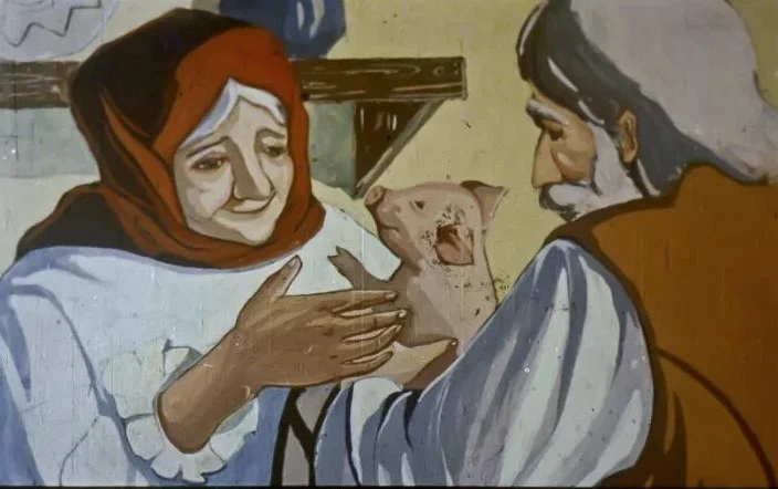 Ilustrație cu o bunică și un bărbat care îi oferă un piglet, având o expresie de bucurie pe fața bunicii.