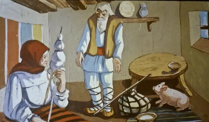 Imagine care ilustrează o scenă de poveste cu un moșneag și o femeie, într-o încăpere rustică.