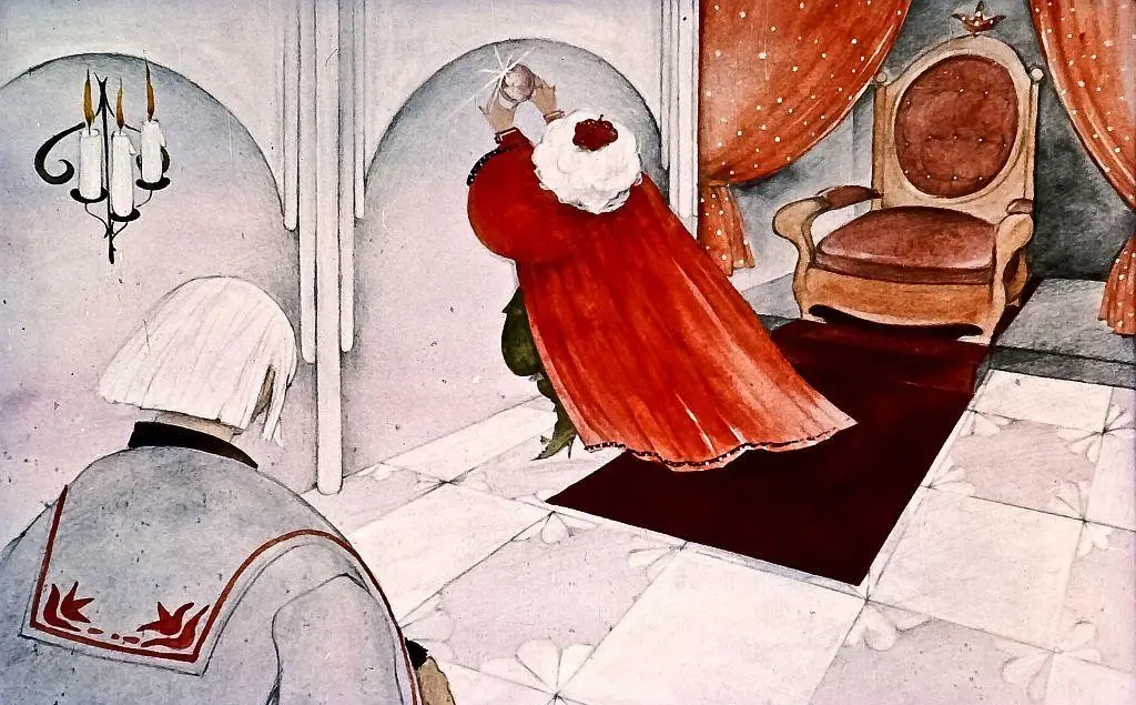 O ilustratie acoperita cu un covor rosu, aratand o scena in care o figura cu o mantie rosie interactioneaza cu o alta figura intr-o camera decorata elegant.