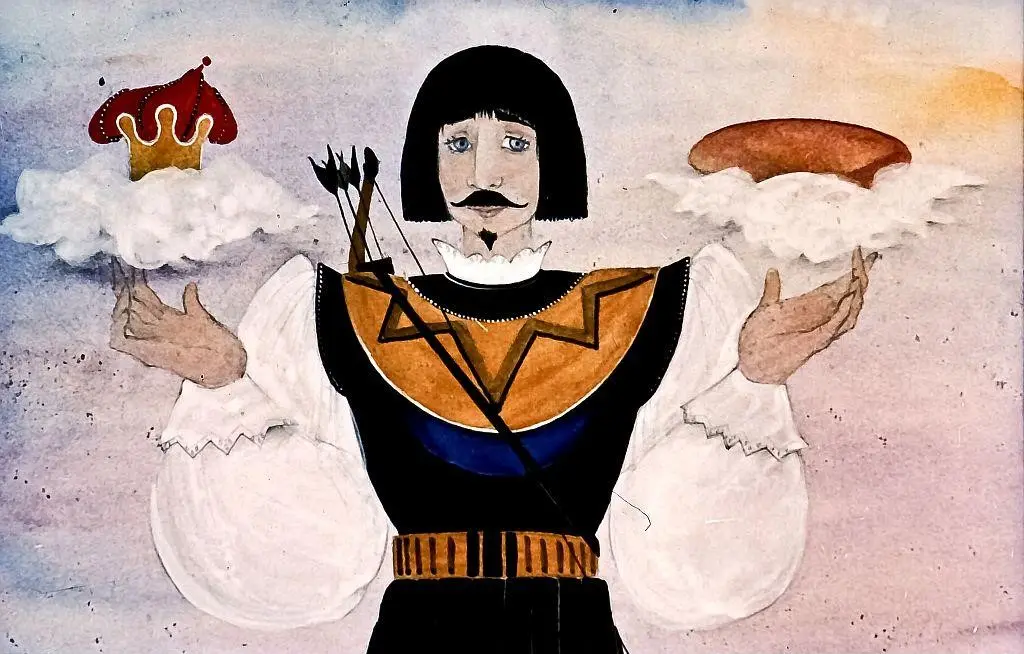 Ilustrație artistică a unui personaj cu părul scurt și mustață, îmbrăcat în haine medievale, care ține în mâini o coroană și o pâine, cu nori în fundal.